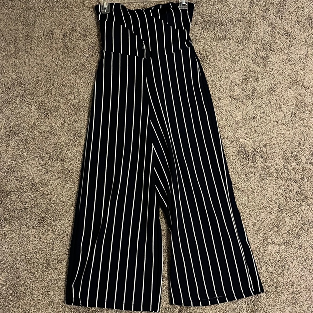 navy and white striped strapless jumpsuit